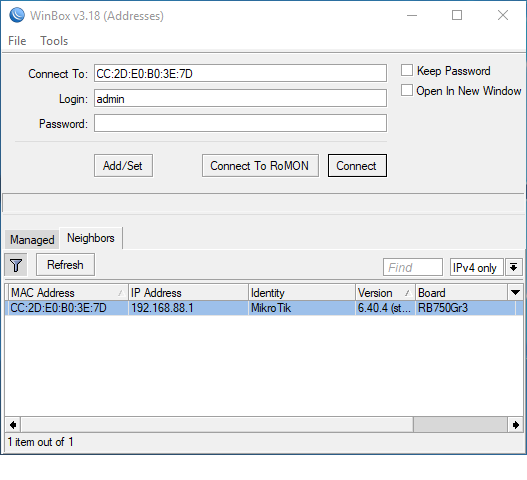 Finestra iniziale di Winbox